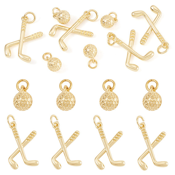 8Pcs 4 Styles Brass Pendants, Hockey & Round Charms, Long-Lasting Plated, Lead Free & Cadmium Free, Rack Plating