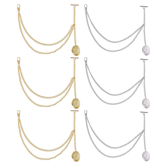 6шт 2 стили латунный овальный медальон подвеска украшения, с железными витыми цепями и застежками-тогглами