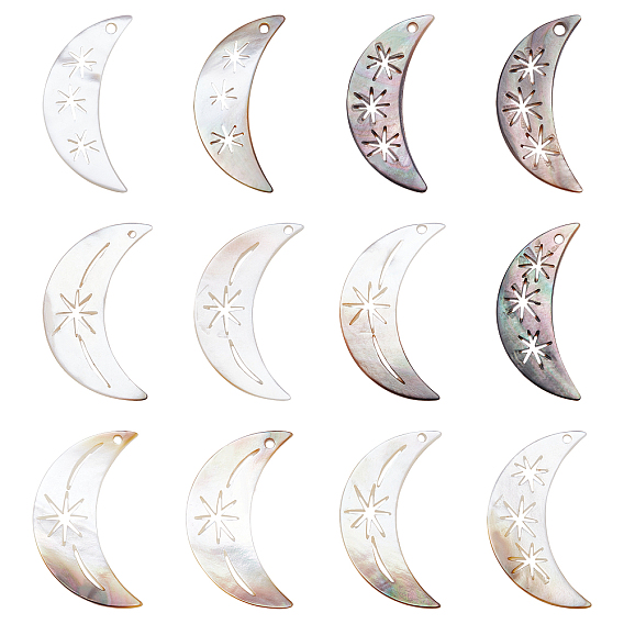 12Pcs 2 Style Natural Black Lip Shell Pendants, Moon with Star