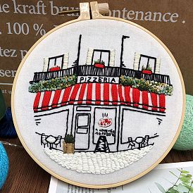 DIY Pizza Store Pattern Embroidery Starter Kit, Cross Stitch Kit Including Imitation Bamboo Frame, Carbon Steeln Pins, Cloth and Colorful Threads