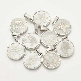 201 Stainless Steel Pendants, with Shell, Flat Round with Mixed Patterns