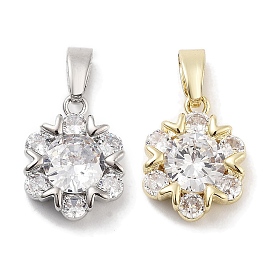 Brass Micro Pave Clear Cubic Zirconia Pendants, Flower Charms