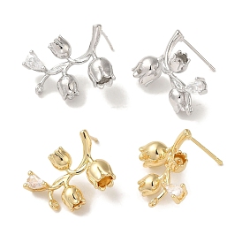 Brass with Clear Cubic Zirconia Stud Earring Findings, Flower