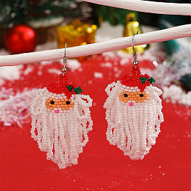 Christmas Style Santa Claus Glass Bead Hand-woven Dangle Earrings for Women, Platinum