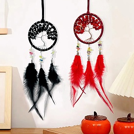 Iron & Glass Pendant Hanging Decoration, Woven Net/Web with Feather Car Hanging Decor, Flat Round with Tree of Life