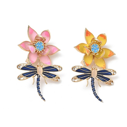 Dragonfly and Lotus Flower Enamel Pins, Alloy Rhinestonoe Lapel Pin Brooches for Clothes, with Cat Eye, Golden