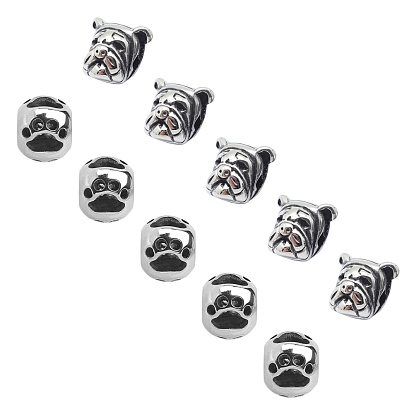 304 Stainless Steel Beads, Bulldog Head & Rondelle with Dog Footprint