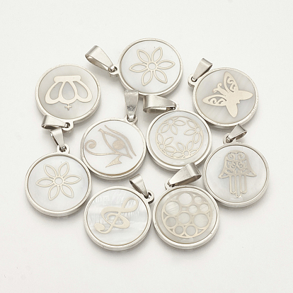 201 Stainless Steel Pendants, with Shell, Flat Round with Mixed Patterns