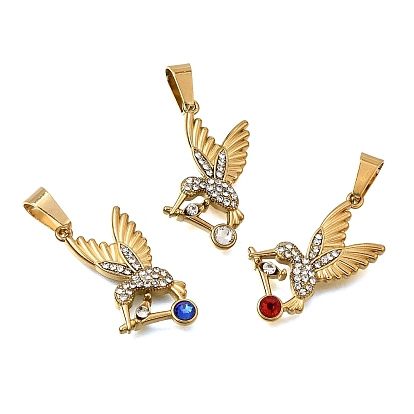 304 Stainless Steel Rhinestone Pendants, Bird Charms, with 201 Stainless Steel Snap On Bails, Ion Plating(IP), Golden