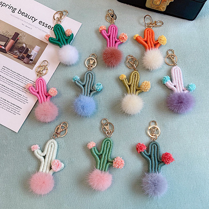 Handmade Cactus Car Keychain with Cute Ferret Fur, Personalized Bag Charm Gift
