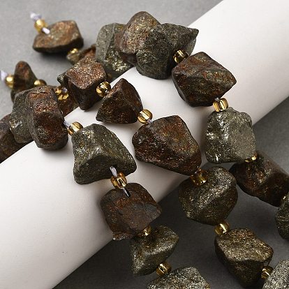 Нити бусин из необработанного натурального пирита, самородки, с бисером