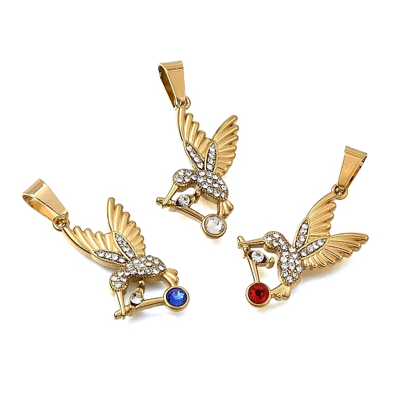 304 Stainless Steel Rhinestone Pendants, Bird Charms, with 201 Stainless Steel Snap On Bails, Ion Plating(IP), Golden