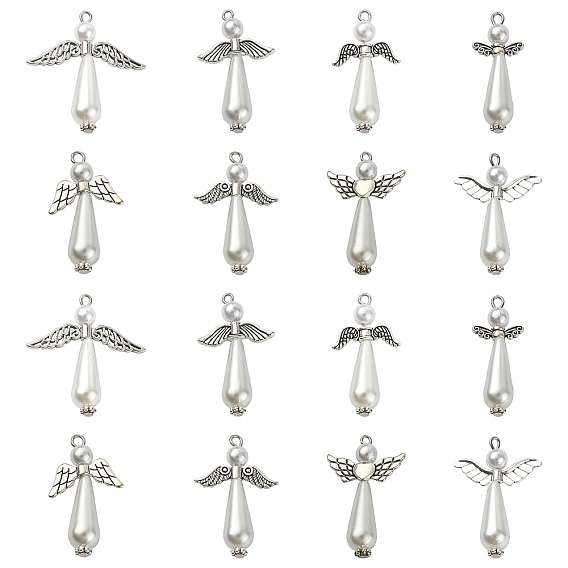 40шт. 8 стили акриловые подвески с имитацией жемчуга и сплава, с петлями из старинного серебра, ангельские прелести