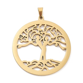 Hollow Out 304 Stainless Steel Pendants, Flat Round with Tree of Life Pattern Charm