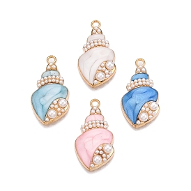 Rack Plating Alloy Enamel Pendants, with ABS Imitation Pearl, Cadmium Free & Nickel Free & Lead Free, Light Gold, Conch Charm