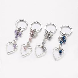 Glass Pearl Beads Keychain, with Alloy Heart Pendants