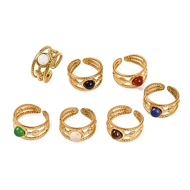 Round Natural Gemstone Finger Rings, Golden Tone 304 Stainless Steel Multi-layer Cuff Rings for Women