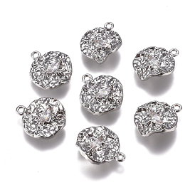 Brass Charms, with Clear Cubic Zirconia, Texture, Flat Round