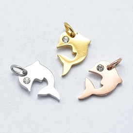 316 Surgical Stainless Steel Pendants, with Cubic Zirconia, Dolphin Shape