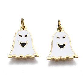 316 Surgical Stainless Steel Enamel Charms, with Jump Rings, for Halloween, Ghost, White