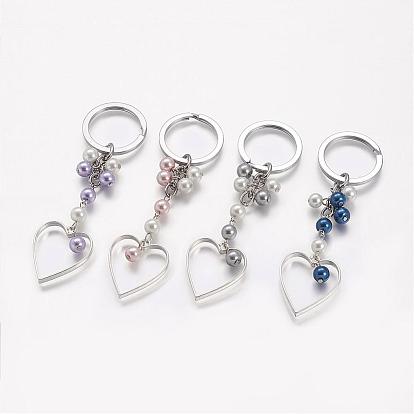 Glass Pearl Beads Keychain, with Alloy Heart Pendants