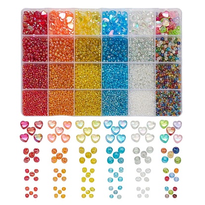24 Style Round Glass Seed Beads, with Heart Acrylic Beads