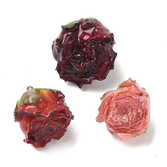 Brass Epoxy Resin Pendants, Inner Dried Flower Pendants, Rose Flower Charm, with Golden Loop