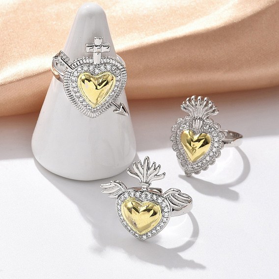 Открытая манжета из латуни с микропаве и кубическим цирконием для женщин, сердце, стойки покрытие, долговечный, без свинца и без кадмия