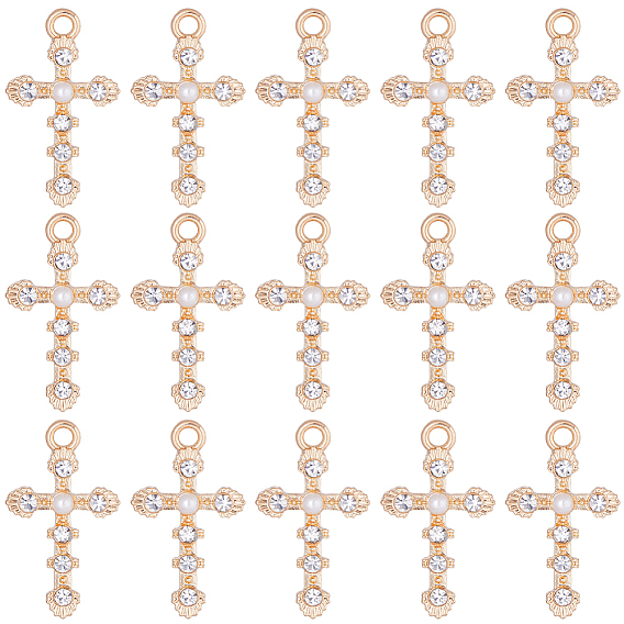 30подвески со стразами из сплава, с пластиковой имитацией жемчуга бусинами, крест прелести