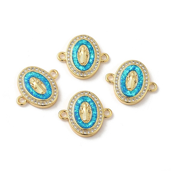 Rack Plating Brass Micro Pave Clear Cubic Zirconia Connector Charms, Oval Links with Synthetic Opal, Lead Free & Cadmium Free, Long-Lasting Plated