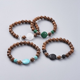 Cuentas de madera unisex pulseras elásticas, con cuentas de piedras preciosas, cuentas espaciadoras de latón chapado en platino