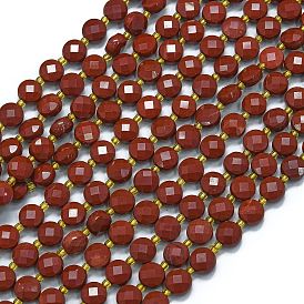 Natural Red Jasper Beads Strands, with Seed Beads, Faceted, Flat Round