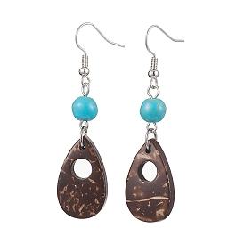 Teardrop Coconut & Synthetic Turquoise Dangle Earrings for Women, with Brass Earring Hooks
