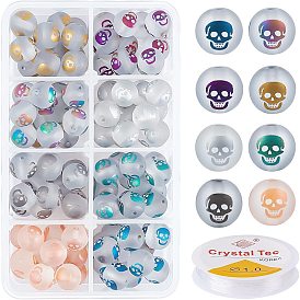 120Pcs Electroplate Glass Beads, Frosted, Round with Skull Pattern, with Round Crystal Elastic Stretch Thread
