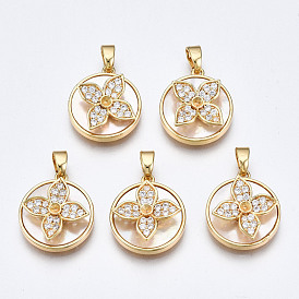 Brass Micro Pave Clear Cubic Zirconia Pendants, with White Sea Shell, Nickel Free, Flat Round with Flower