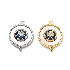 Подвески-соединители из латуни с микропаве из синего кубического циркония и ракушки, без кадмия, без никеля и без свинца, плоско-круглые