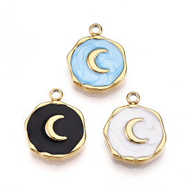 304 подвески из нержавеющей стали, с эмалью, плоская круглая с лунными подвесками, ионное покрытие (ip), реальный 18 k позолоченный