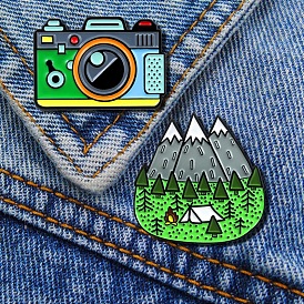Spring Theme Alloy Brooches, Enamel Hiking Lapel Pin, for Backpack Clothes, Electrophoresis Black, Camera/Mountain