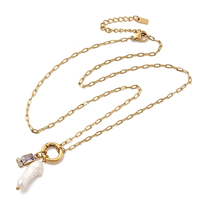 Кулон из натурального жемчуга Кеши и прямоугольника из фиолетового стекла 304 Женские ожерелья-скрепки из нержавеющей стали, ионное покрытие (ip)