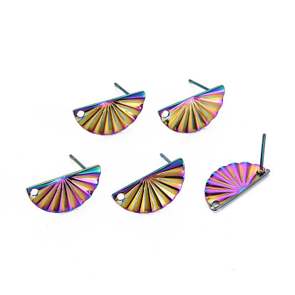 Rainbow Color 304 Stainless Steel Stud Earring Findings, with Hole, Fan