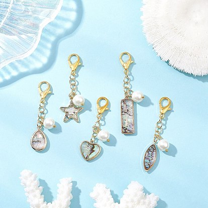 5 шт. 5 стили латунная эмаль имитация раковины морского ушка подвеска украшения, со стеклянной жемчужной бусиной и застежками-карабинами, конский глаз, сердце, слеза, звезда и прямоугольник