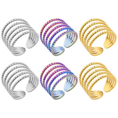 304 Stainless Steel Open Cuff Ring, Multi Lines Wide Band Rings