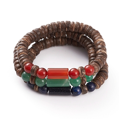 Stretch Beaded Bracelets Sets, with Natural & Synthetic Gemstone Beads and Coconut Shell Beads, Column & Round