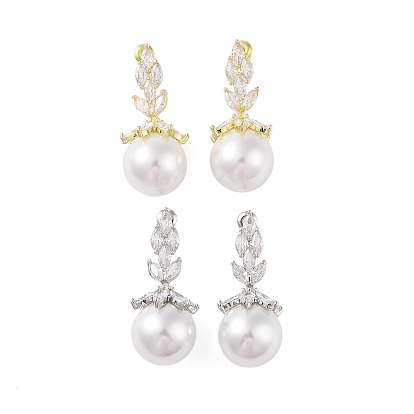 Brass with Resin Imitation Pearl Stud Earrings, with Micro Pave Cubic Zirconia, Flower