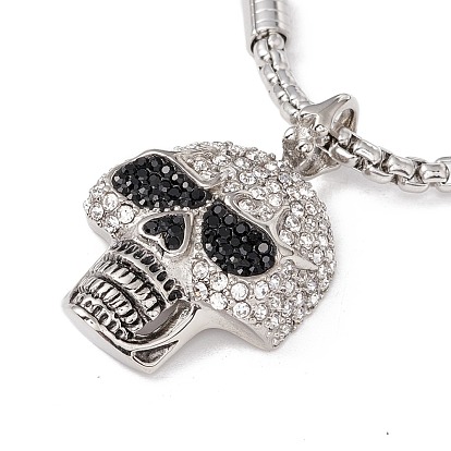 Rhinestone Skull Pendant Necklace with Natural Black Agate Beads, 304 Stainless Steel Gothic Jewelry for Women