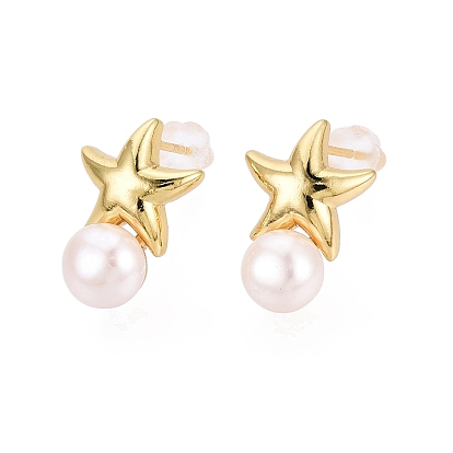 Star Brass Stud Earrings, with Natural Pearl