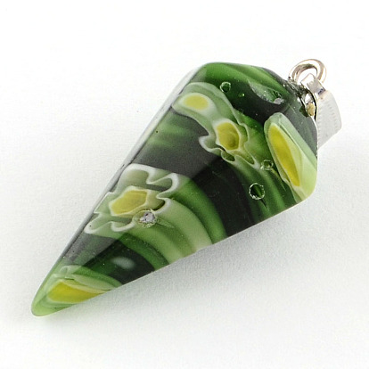 Cone Handmade Millefiori Glass Pendants, with Platinum Plated Iron Findings, 39~40x17x17mm, Hole: 10x4mm