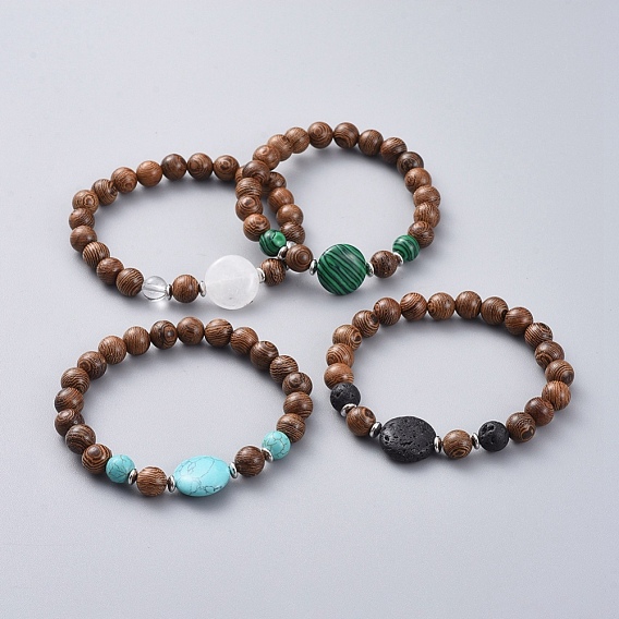 Unisex Holzperlen Stretch Armbänder, mit Edelsteinperlen, Abstandhalter aus platiniertem Messing