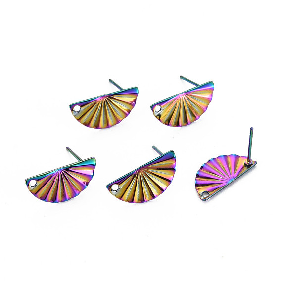 Rainbow Color 304 Stainless Steel Stud Earring Findings, with Hole, Fan