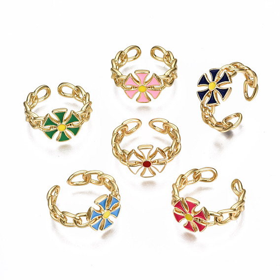 Brass Enamel Cuff Rings, Open Rings, Nickel Free, Curb Chain, Flower, Real 16K Gold Plated